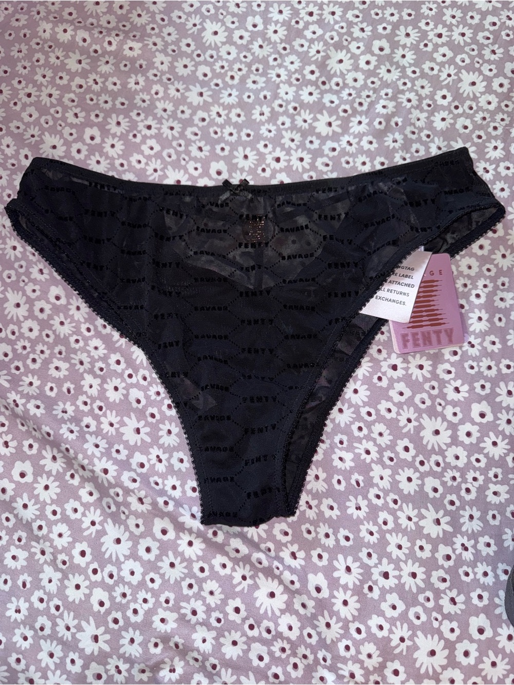 Savage X Fenty Black Logo Lace Thong Panty NWT Size 1X